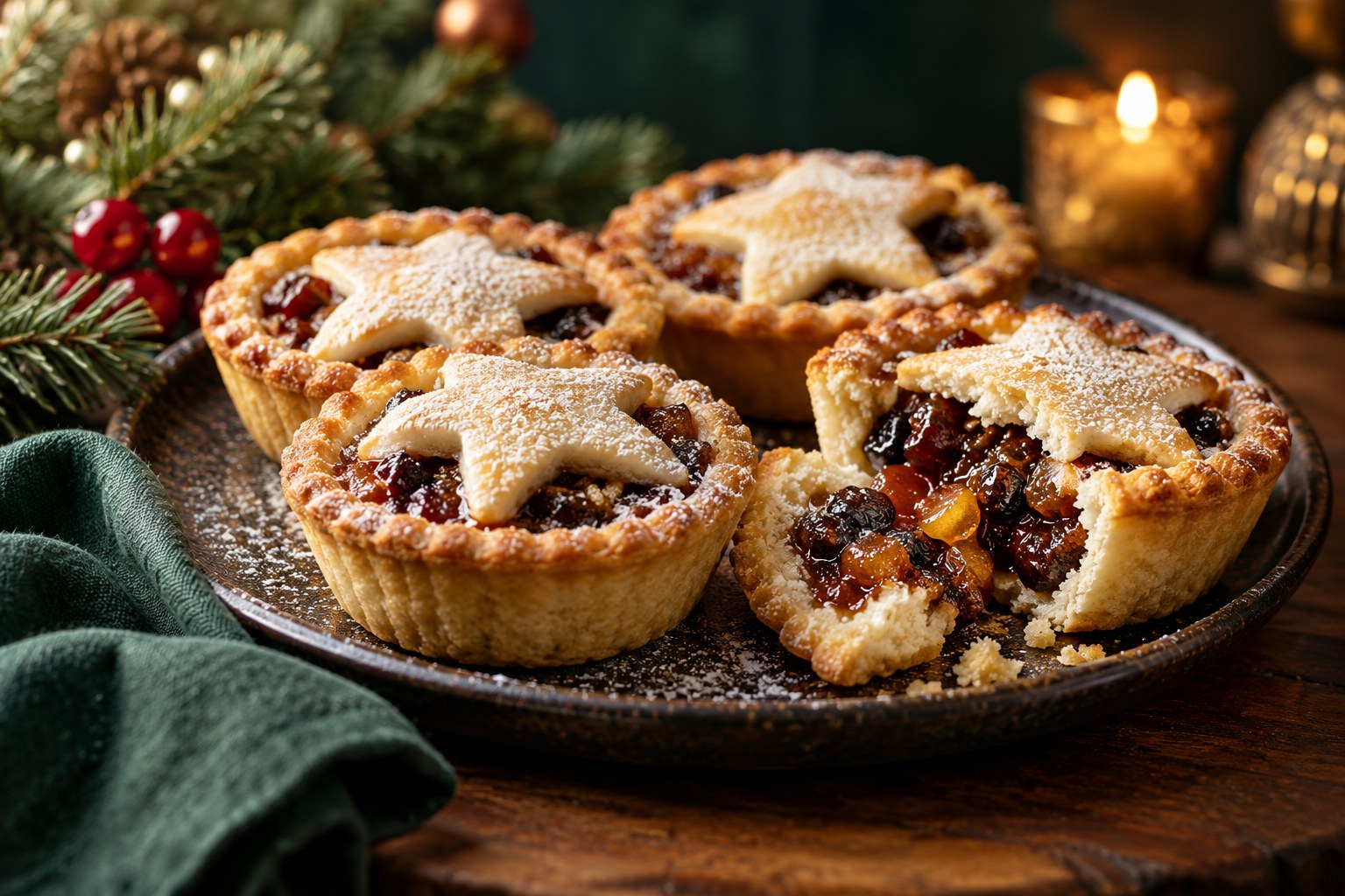 Golden star-topped mince pies with icing sugar and rich fruit filling